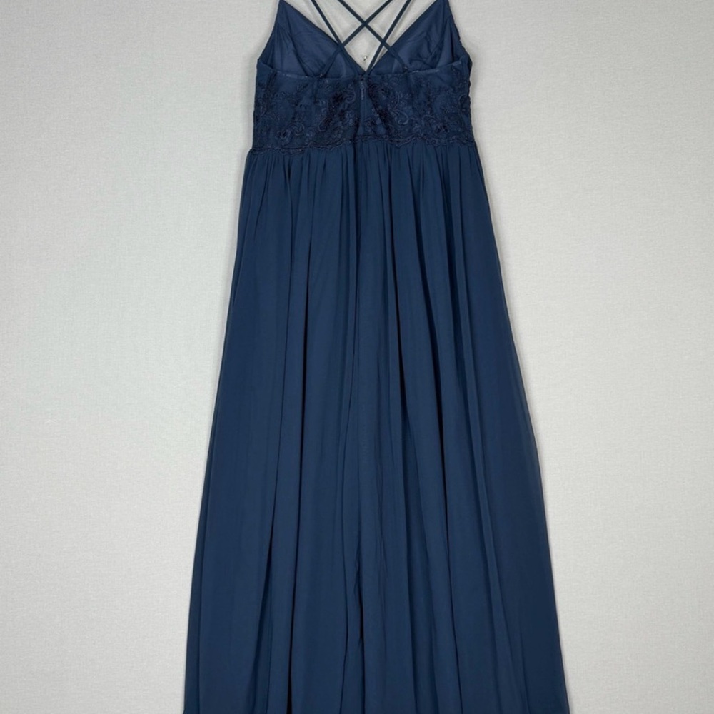 Azazie Dress Womens 18 Navy Chiffon Maxi Bridesmaid Floral Embroidered Mesh Back